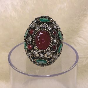 Red & Green Glass Gemstone Turkish Style Dome Ring
